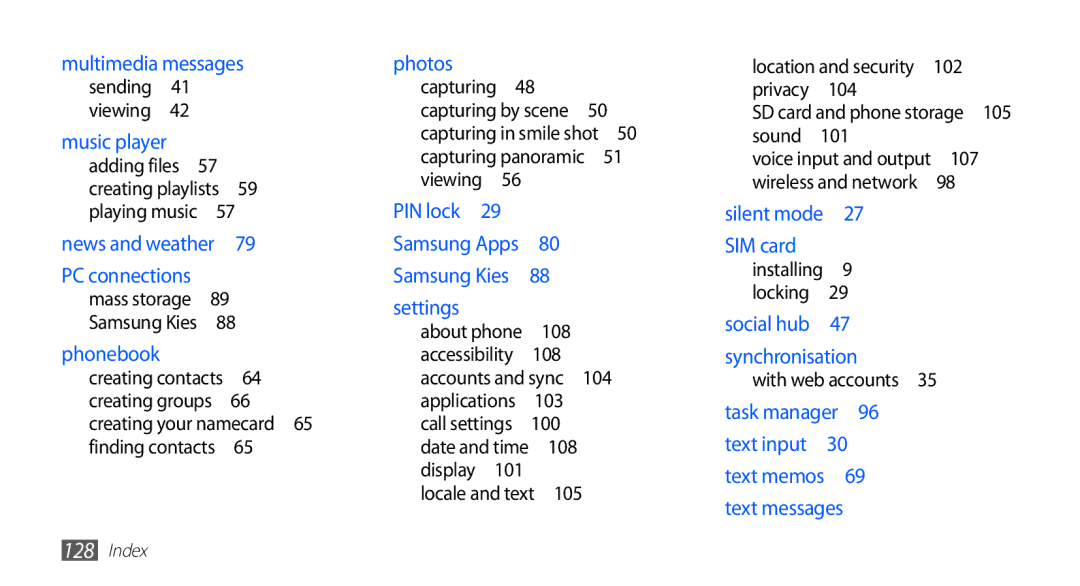 Samsung GT-S5830OKIKSA, GT-S5830OKIAFG, GT-S5830OKISKZ 108, 101, 105, 102, 104, Sound , With web accounts 35 task manager  